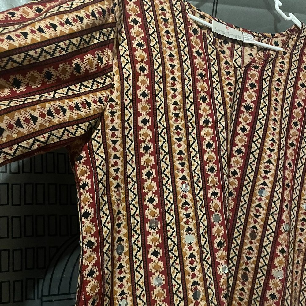 Sacred Threads Earth Tones Tribal Print and Silver Sparkles XL Blouse